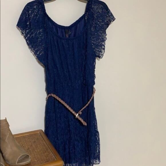 Blue Lace Dress Sheer Short Sleeve Slip Juniors Size Large - Picture 4 of 5